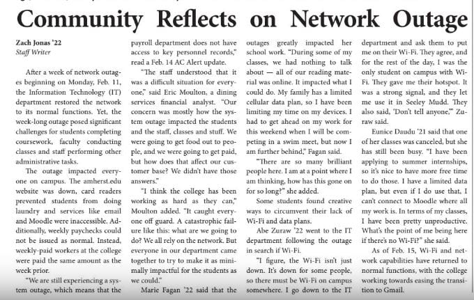Amherst Student newspaper article writes about community's reflection about a network outage