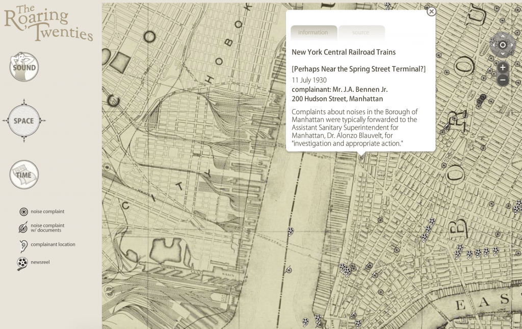 Screenshot from The Roaring Twenties: An Interactive Exploration of the Historical Soundscape of New York City, a website that utilizes GIS mapping to create an interactive map experience.